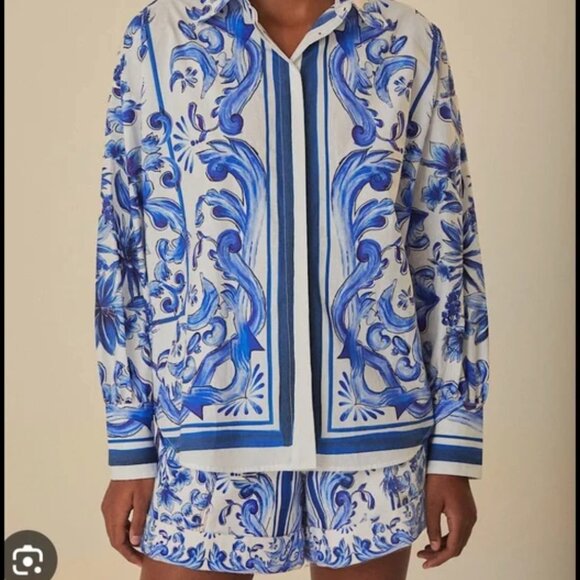 FARM Rio Blue and White Floral Button-Up Shirt - Picture 2 of 10